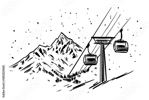Ski lift in mountain, on white, sketch, hand drawn illustrations