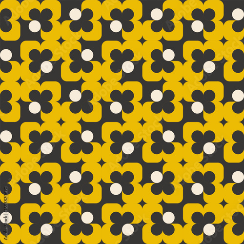 Bright yellow and grey black midcentury modern style mod geometry, abstract geometric seamless repeating vector pattern. Perfect for textile, wallpapers or other creative projects