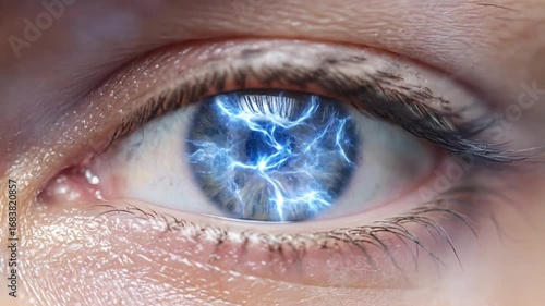 Mesmerizing Blue Eye with Dynamic Electric Lightning Inside Iris