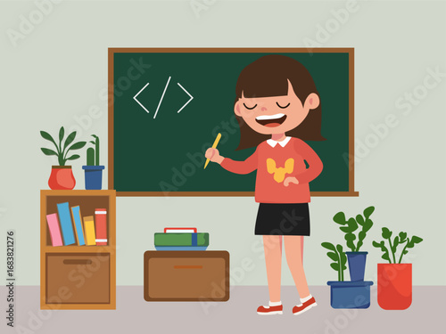 Vector illustration of a happy schoolgirl teaching coding in a classroom with blackboard, books, and plants. Perfect for education and technology themes.