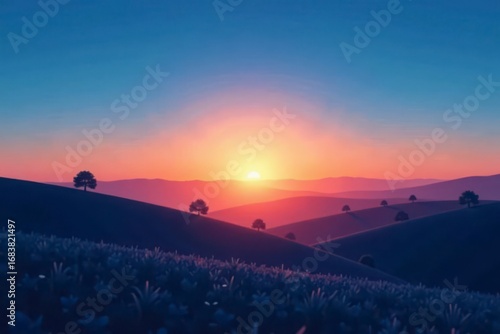 Serene Sunset Over Rolling Hills and Flower Fields, a Peaceful Landscape Scene at Dawn