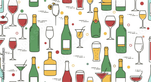 Seamless pattern with wine bottles, glasses and alcohol drinks. Abstract background for bar menu. Geometric pattern with line bottles with wine, champagne, beer, cocktail glasses, vector illustration