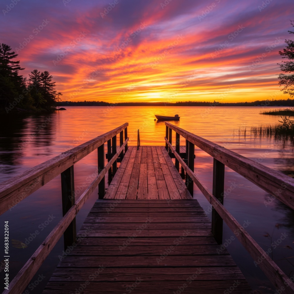 Fototapeta premium Vibrant Sunset over Calm Lake with Wooden Dock