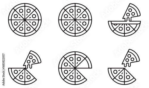Outline food icons featuring pizza drawings perfect for delivery services, pizzerias, and graphic design