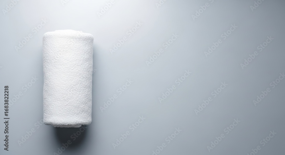 Obraz premium Rolled white towel on gray background - minimalist design