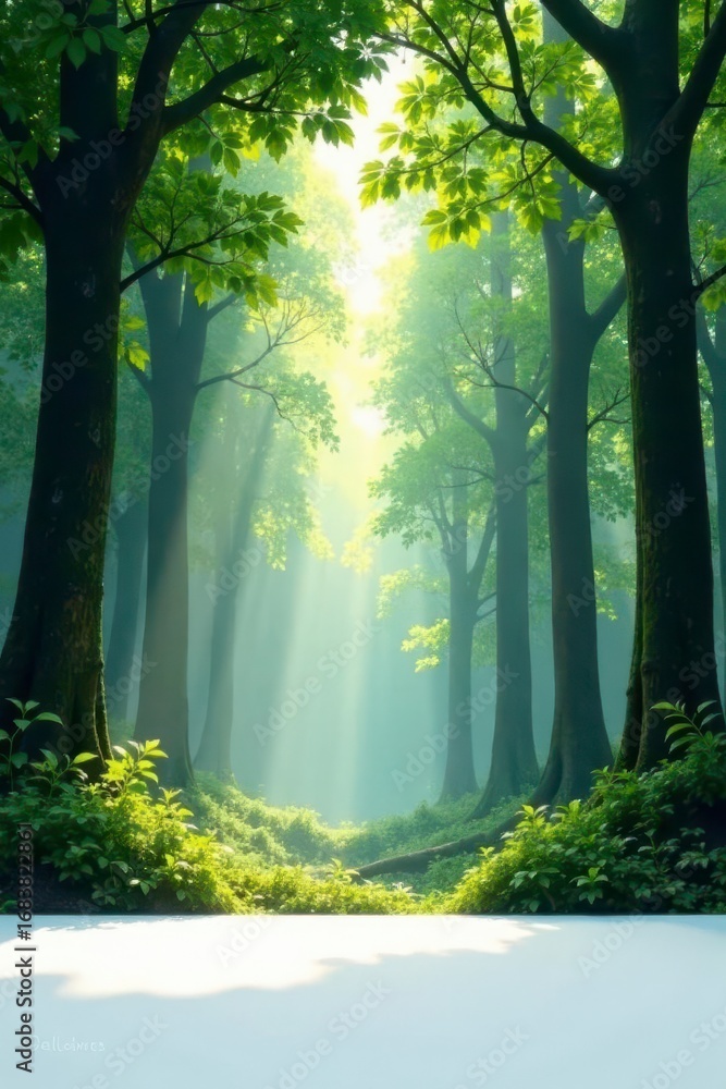 Fototapeta premium Sunbeams Illuminate a Mystical Forest Path, Enchanting Green Canopy, Serene Nature Scene