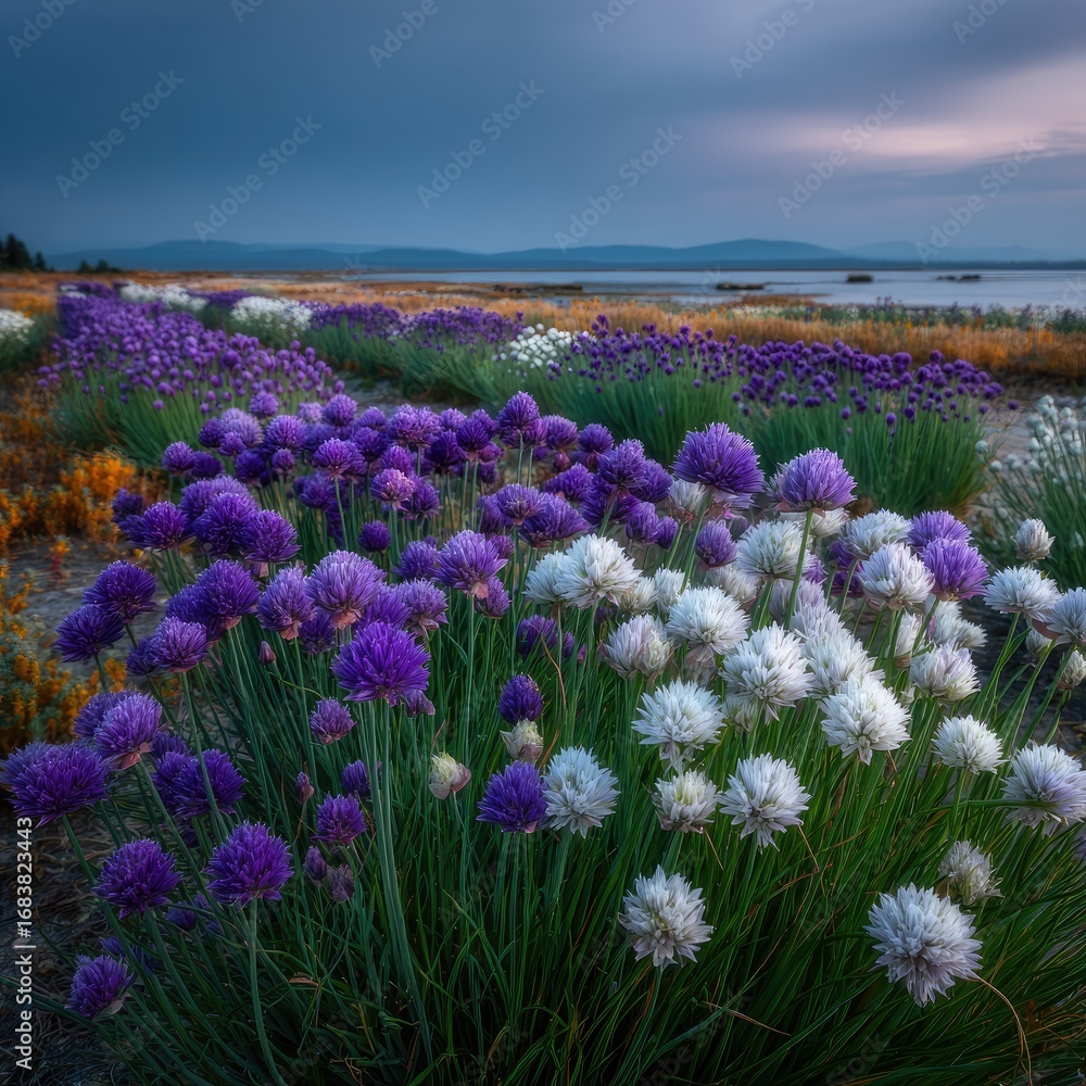 Fototapeta premium Colorful flower field at twilight by the water