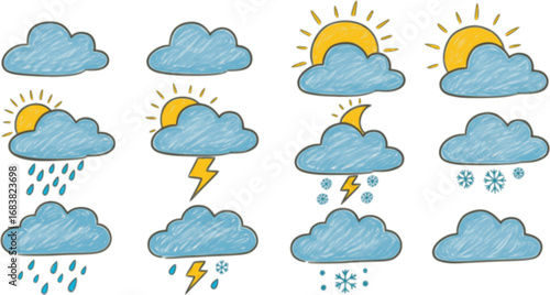Crayon icons of weather, clouds and sun in sky. Doodle clouds with rain, lightning, snow, storm with chalk texture. Cute summer and winter weather icons drawn with crayon pencils, vector illustration