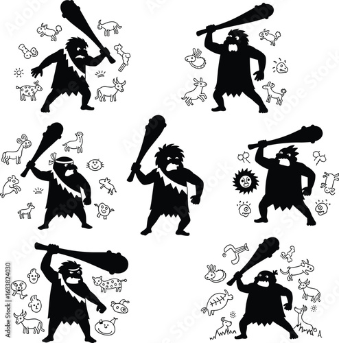 Cartoon cavemen with clubs and ancient cave art drawings – Stone Age silhouettes of prehistoric people and animal paintings