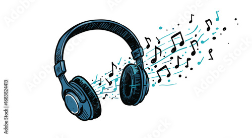 Hand-drawn headphones with musical notes illustrating melody and sound