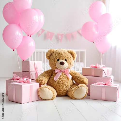 Pink birthday party setup with teddy bear