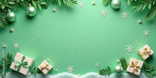 A Festive Mint Green Background with Presents, Ornaments, and Snow