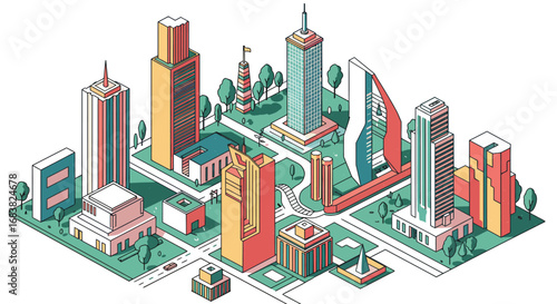 Modern urban isometric cityscape with colorful skyscrapers and green spaces