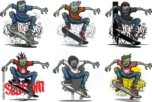 Zombie skateboarders cartoon set, creepy skater characters, urban graffiti illustration, extreme sport horror, Halloween undead theme, monster skating artwork, spooky street-style design