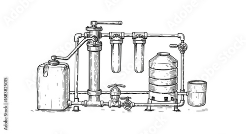 Hand drawn water filtration system diagram with detailed pipes and equipment