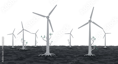 Wind turbines evolving into trees on dark ground