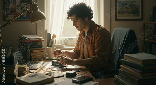 Man focused while working at a desk in a home office