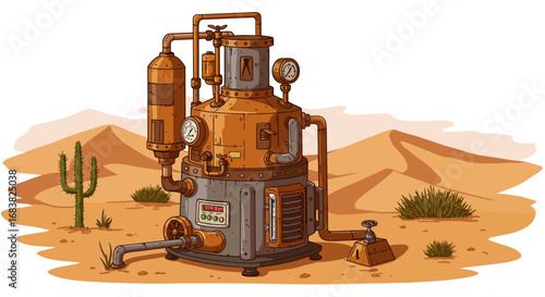 Steampunk mechanical device in desert setting with vintage industrial design