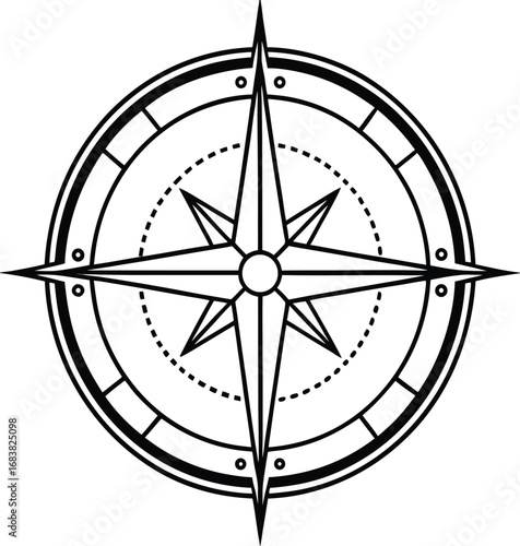 Vector icon of a nautical compass rose with arrows for travel, navigation, and exploration