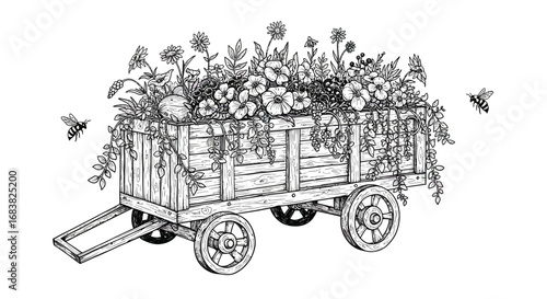 Vintage floral wooden cart with bees in detailed black and white line art
