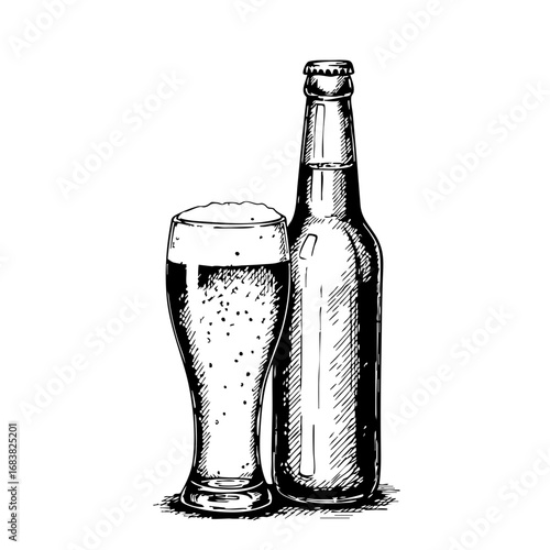 Sketch of a beer bottle and glass with foam on a white background  