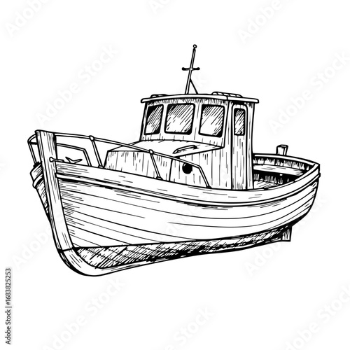 Vintage sketch of a fishing boat in black and white  