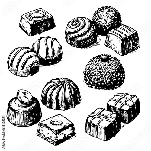 Vintage sketch of assorted chocolates and candies  
