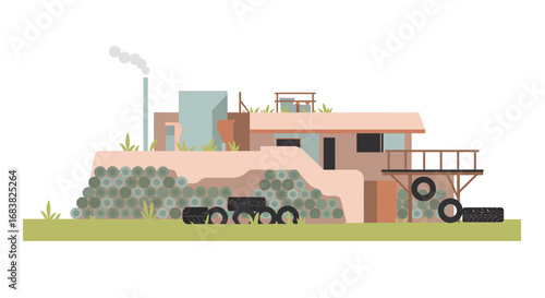 Sustainable earthship architecture in flat design with natural materials and…