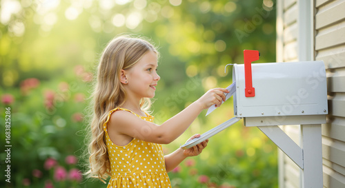 Curious girl retrieving a letter from a mailbox