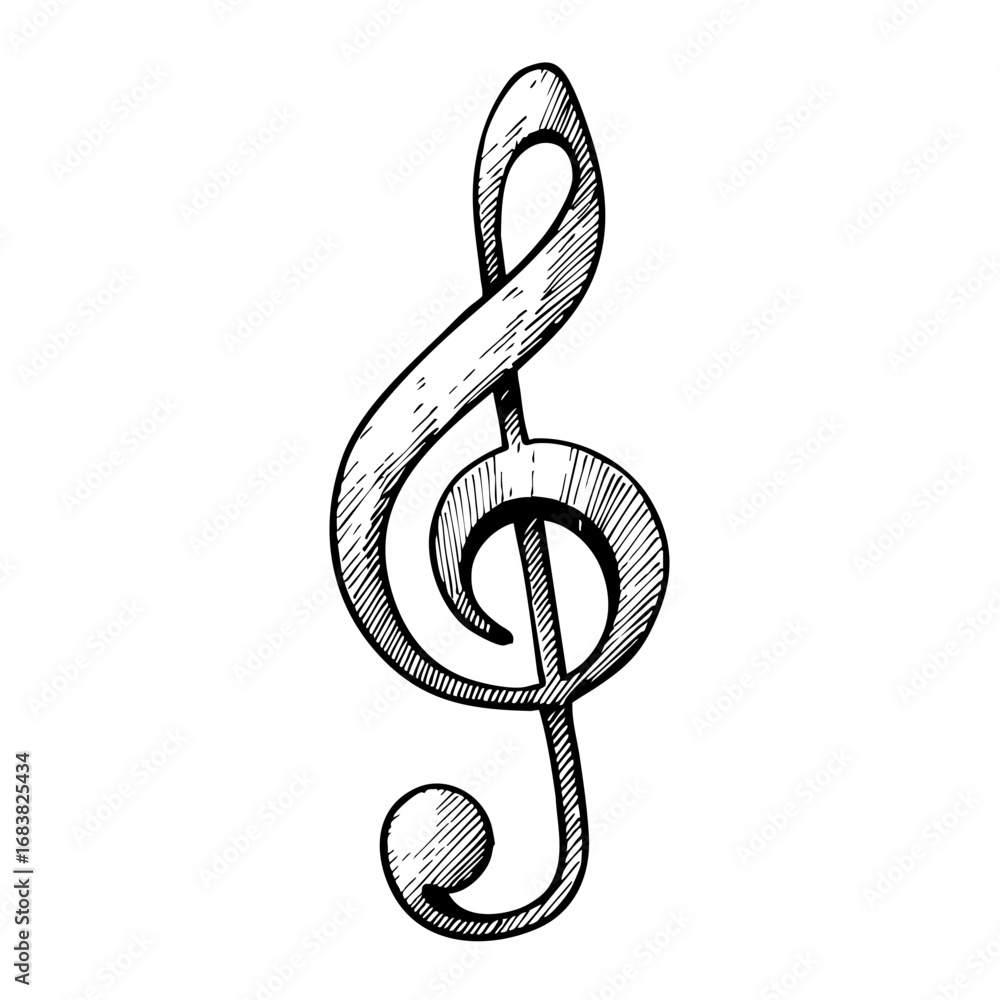 Obraz premium Vintage sketch of a musical clef symbol in black and white 