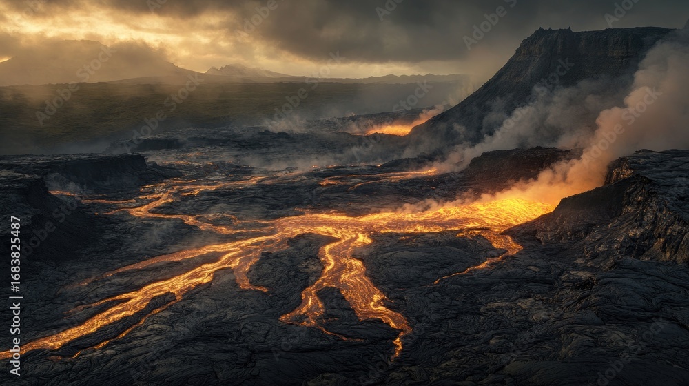 Fototapeta premium Branching Lava Streams Across Vast Volcanic Terrain