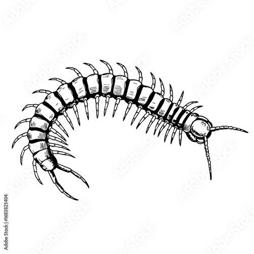 Vintage sketch of a centipede with detailed anatomy and features  