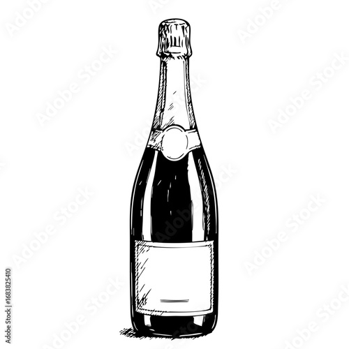 Vintage champagne bottle sketch on a plain white background  