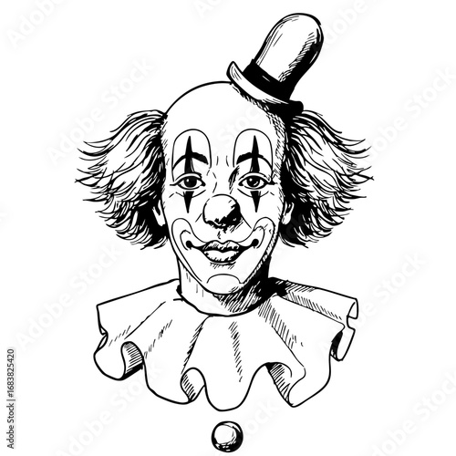 Vintage sketch of a clown with a hat and ruffled collar  