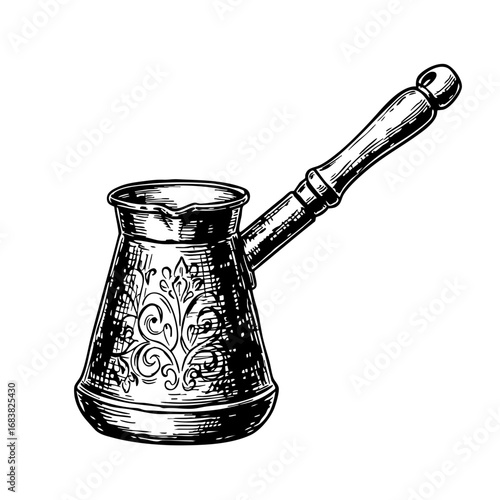 Vintage sketch of a decorative coffee pot with wooden handle  