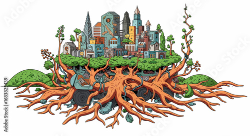 Surreal cityscape growing from roots: urban nature fusion artwork