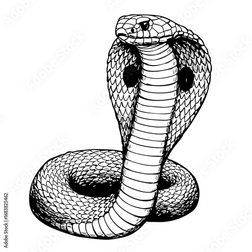 Vintage sketch of a cobra snake coiled with its hood raised  