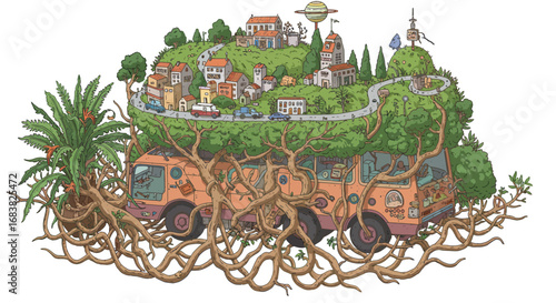 Whimsical urban landscape on bus with tree roots and tiny houses
