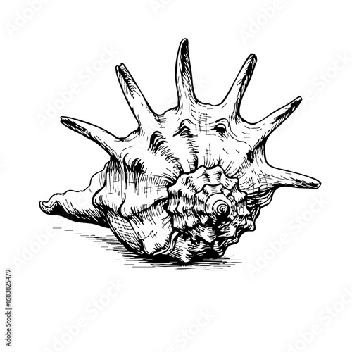 Vintage sketch of a conch shell with detailed spines and texture  