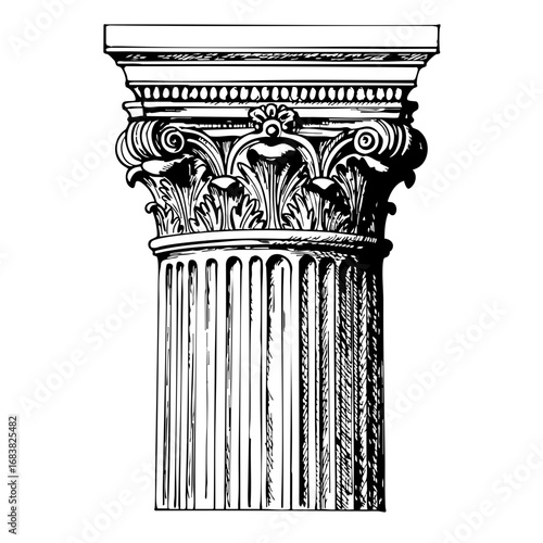 Vintage sketch of a decorative Corinthian column in black and white  