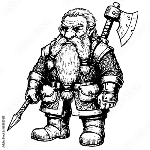 Dwarf warrior in a vintage sketch style wielding an axe and spear  
