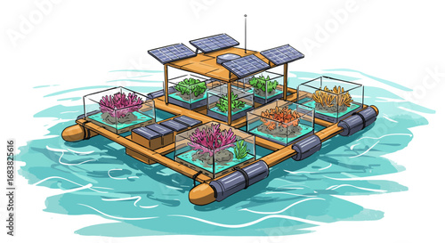 Sustainable floating garden on water with solar panels and coral in transpare…