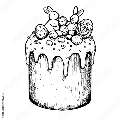 Vintage sketch of an Easter cake topped with bunnies and decorations  