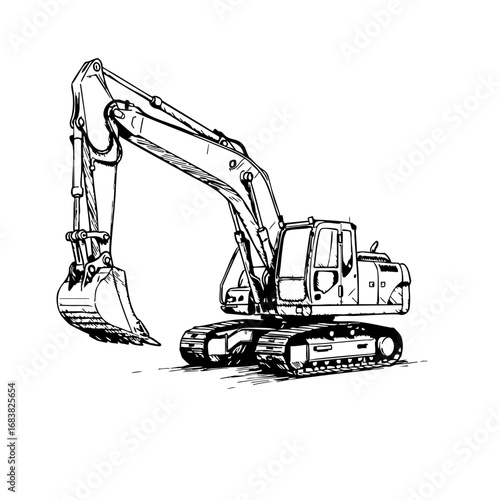 Vintage sketch of an excavator with hydraulic arm and bucket  