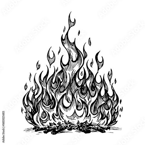 Vintage sketch of flames rising from a fire pit  