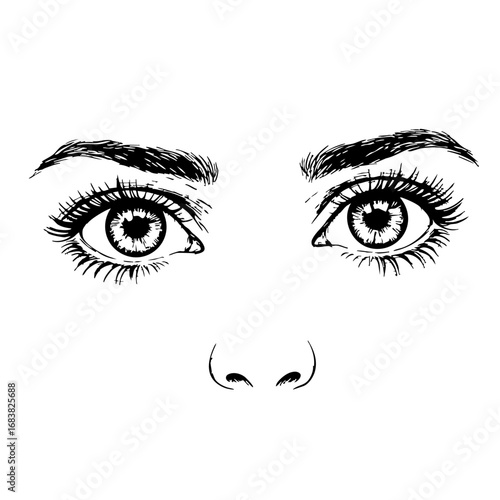 Vintage sketch of eyes with detailed eyelashes and eyebrows  