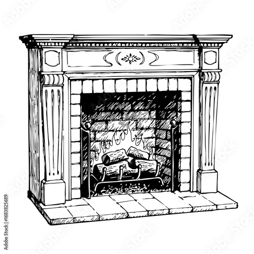 Vintage sketch of an ornate fireplace with logs and stone details  
