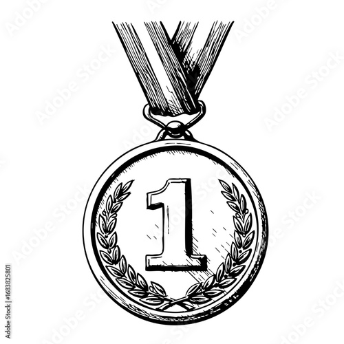 Vintage sketch of gold medal with laurel wreath and number one  