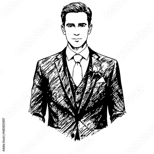 Groom in a vintage sketch wearing a suit with a bowtie and flower  