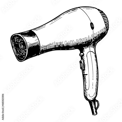 Vintage hair dryer sketch in black and white illustration  